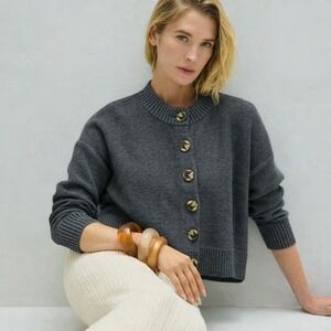 Quince 100% Organic Cotton Cropped Cardigan Gray Size L Faux Horn Buttons